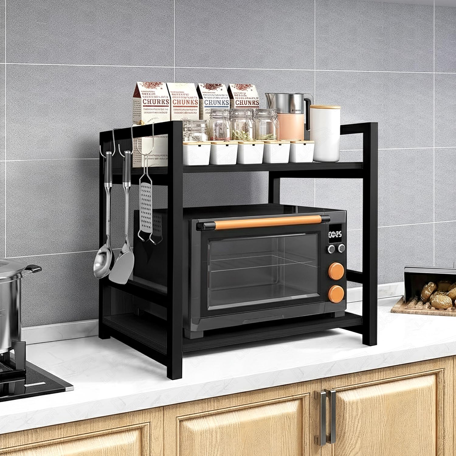 Lukzer 2-Tier Multipurpose Metal & Wood Kitchen Storage Rack (MKR-002/Black & Black) - Image 3