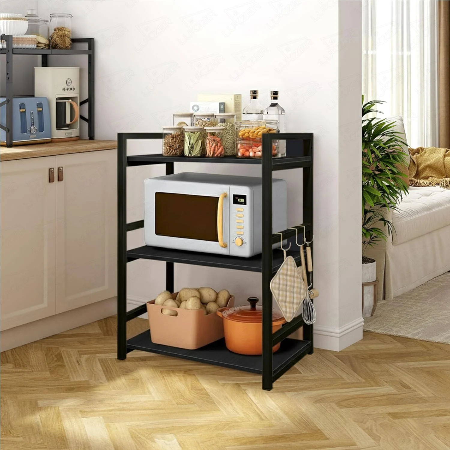 Lukzer 3-Tier Multipurpose Metal & Wood Kitchen Storage Rack (MKR-003/Black & Black) - Image 3