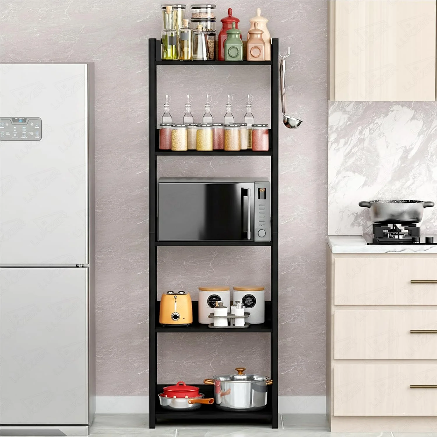 Lukzer 5-Tier Multipurpose Metal & Wood Kitchen Storage Rack (MKR-005/Black & Black) - Image 4