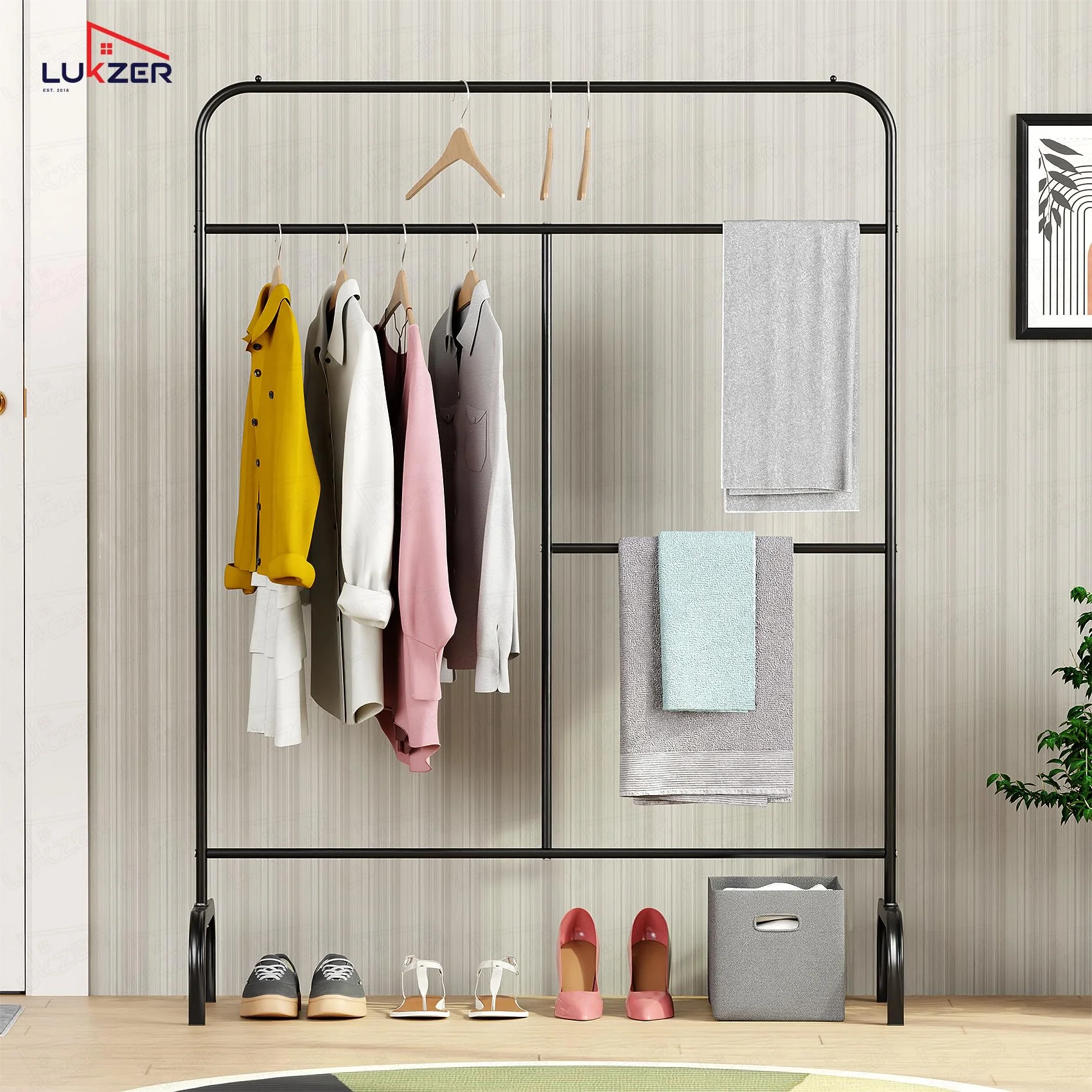 Lukzer Metal Garment Stand with Multi-Level Hanging Bars (MGS-005/Black) - Image 3