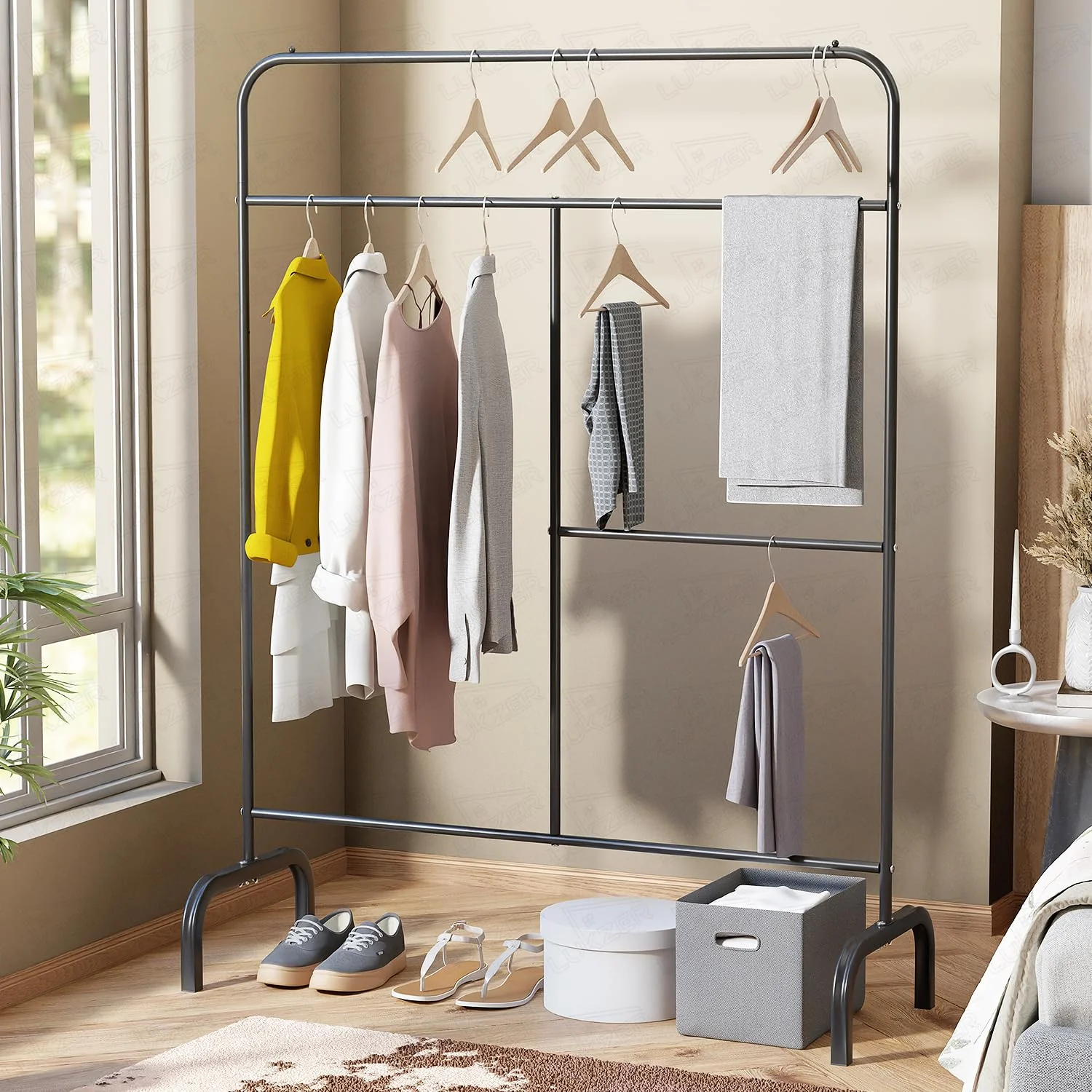 Lukzer Metal Garment Stand with Multi-Level Hanging Bars (MGS-005/Black) - Image 4