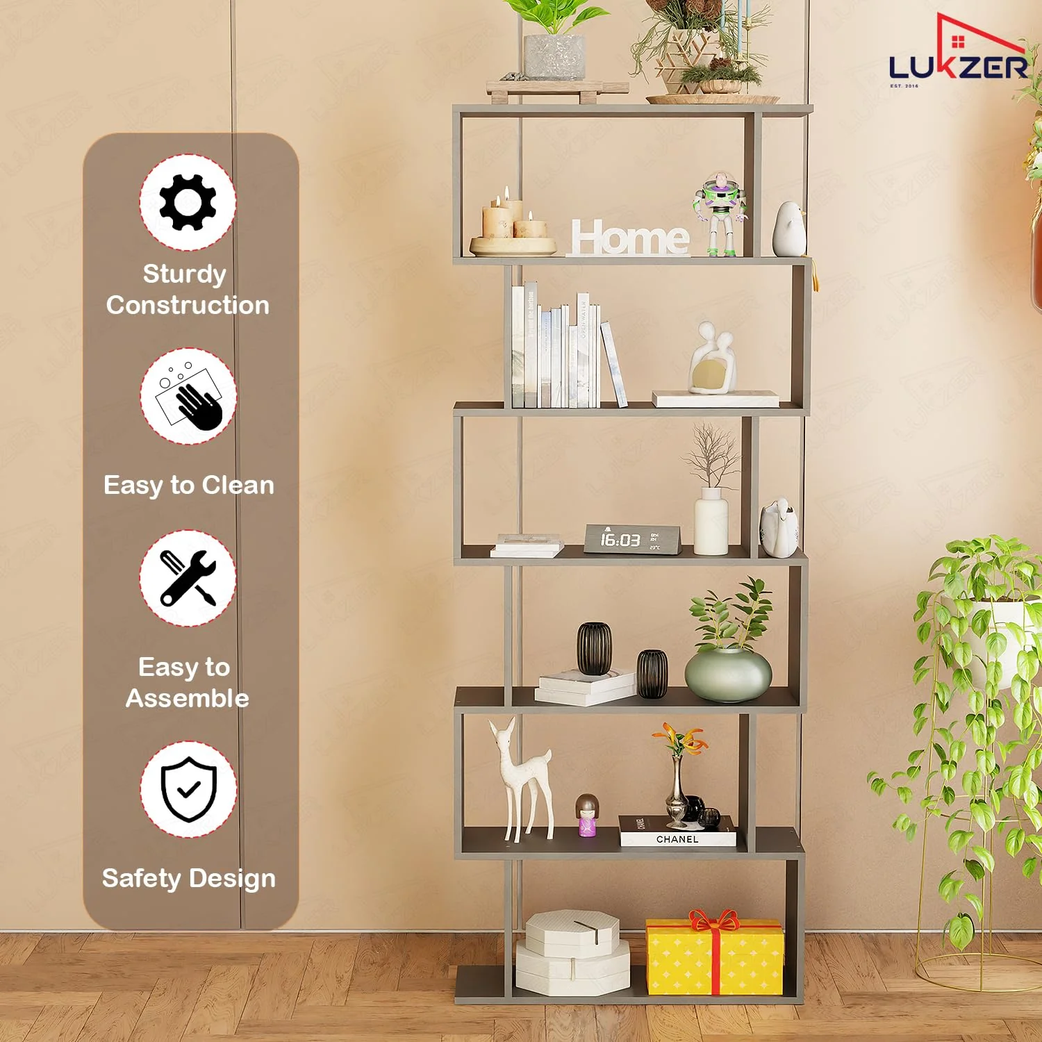 Lukzer 6-Layer S-Shaped Ladder Engineered Wood Open Bookshelf Rack (MR-002, Black) - Image 4