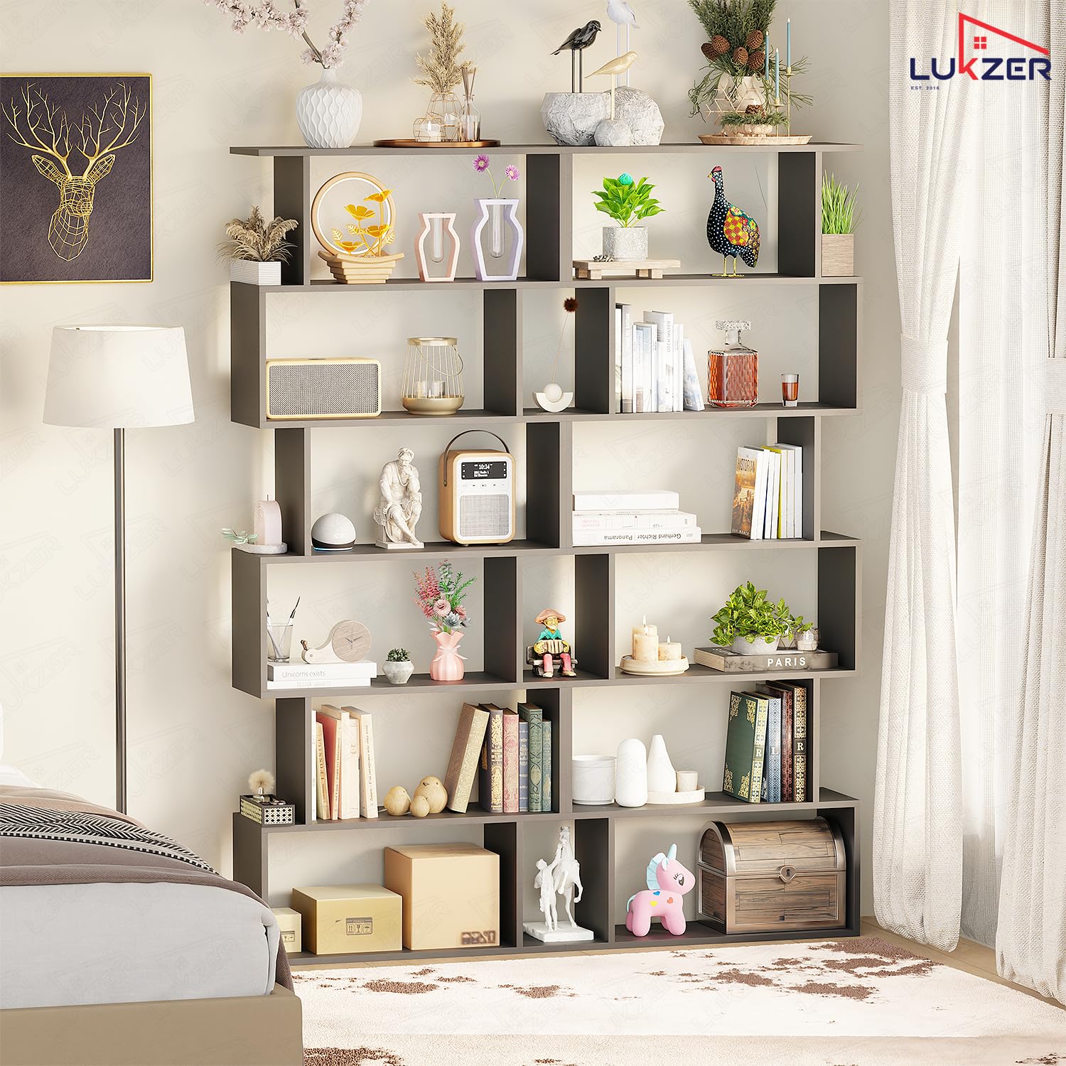 Lukzer 6-Layer S-Shaped Ladder Engineered Wood Open Bookshelf Rack (MR-002, Black) - Image 5