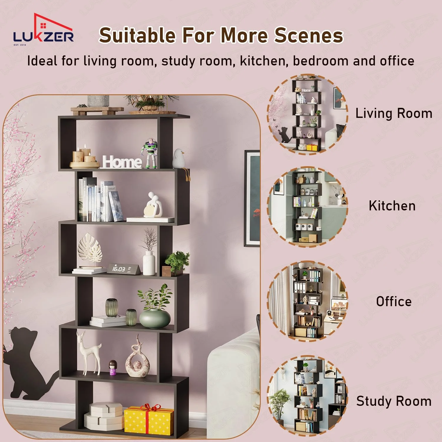 Lukzer 6-Layer S-Shaped Ladder Engineered Wood Open Bookshelf Rack (MR-002, Black) - Image 7