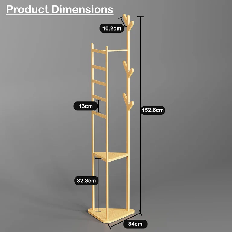 Lukzer Triangular Bamboo Coat & Garment Stand with 6 Side Hooks & Dual Shelves (CH-035) - Image 3