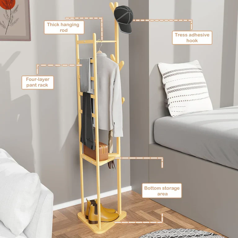 Lukzer Triangular Bamboo Coat & Garment Stand with 6 Side Hooks & Dual Shelves (CH-035) - Image 5