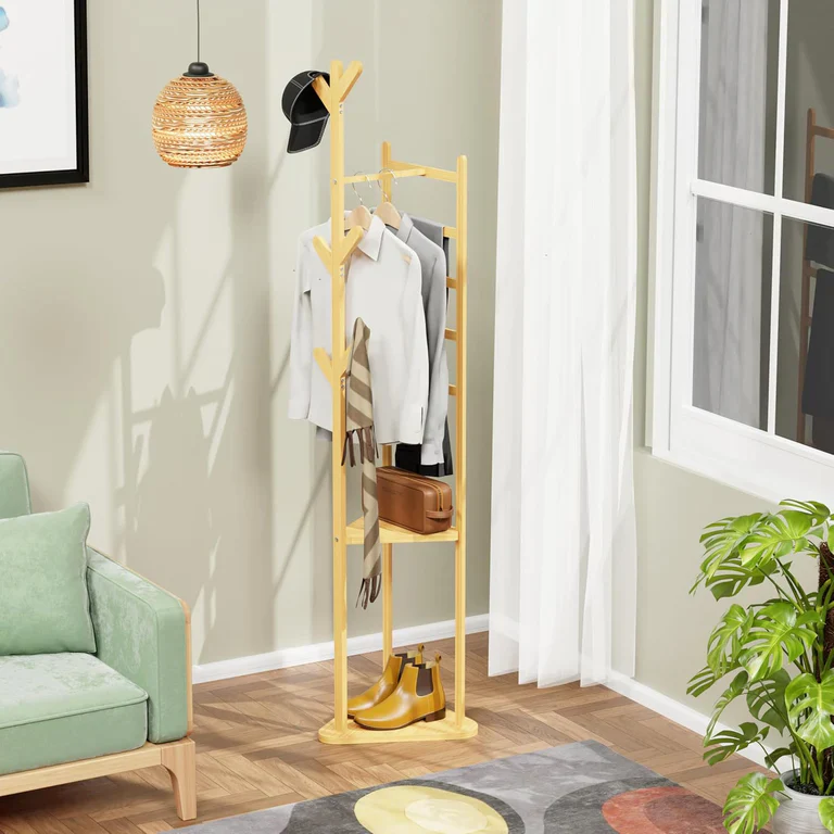 Lukzer Triangular Bamboo Coat & Garment Stand with 6 Side Hooks & Dual Shelves (CH-035) - Image 6